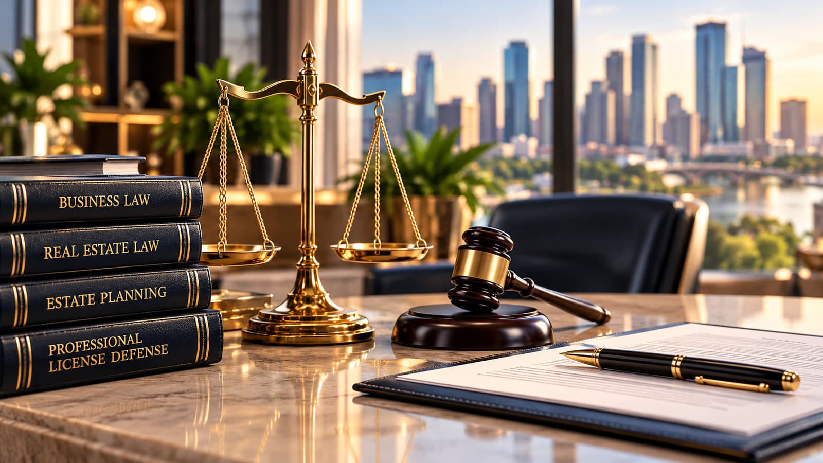 Law books titled Business Law, Real Estate Law, Estate Planning, and Professional License Defense stacked beside gold scales of justice and a gavel on a polished desk