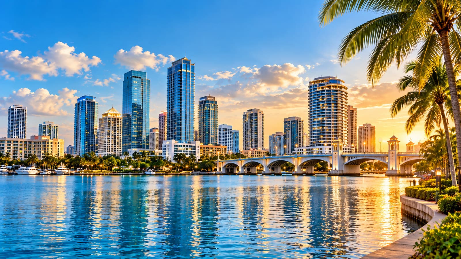 A waterfront city skyline under a bright blue sky, with palm trees and a bridge reflected in calm water