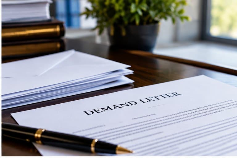 A printed demand letter on a desk beside sealed envelopes, a pen, and a stack of legal books.