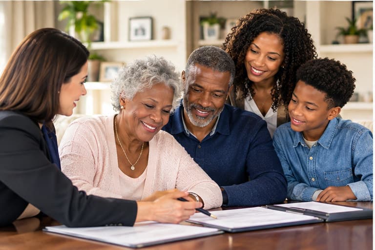 An attorney seated with a multigenerational family — grandparents, their daughter, and a grandson — as they review and sign documents together at a table.