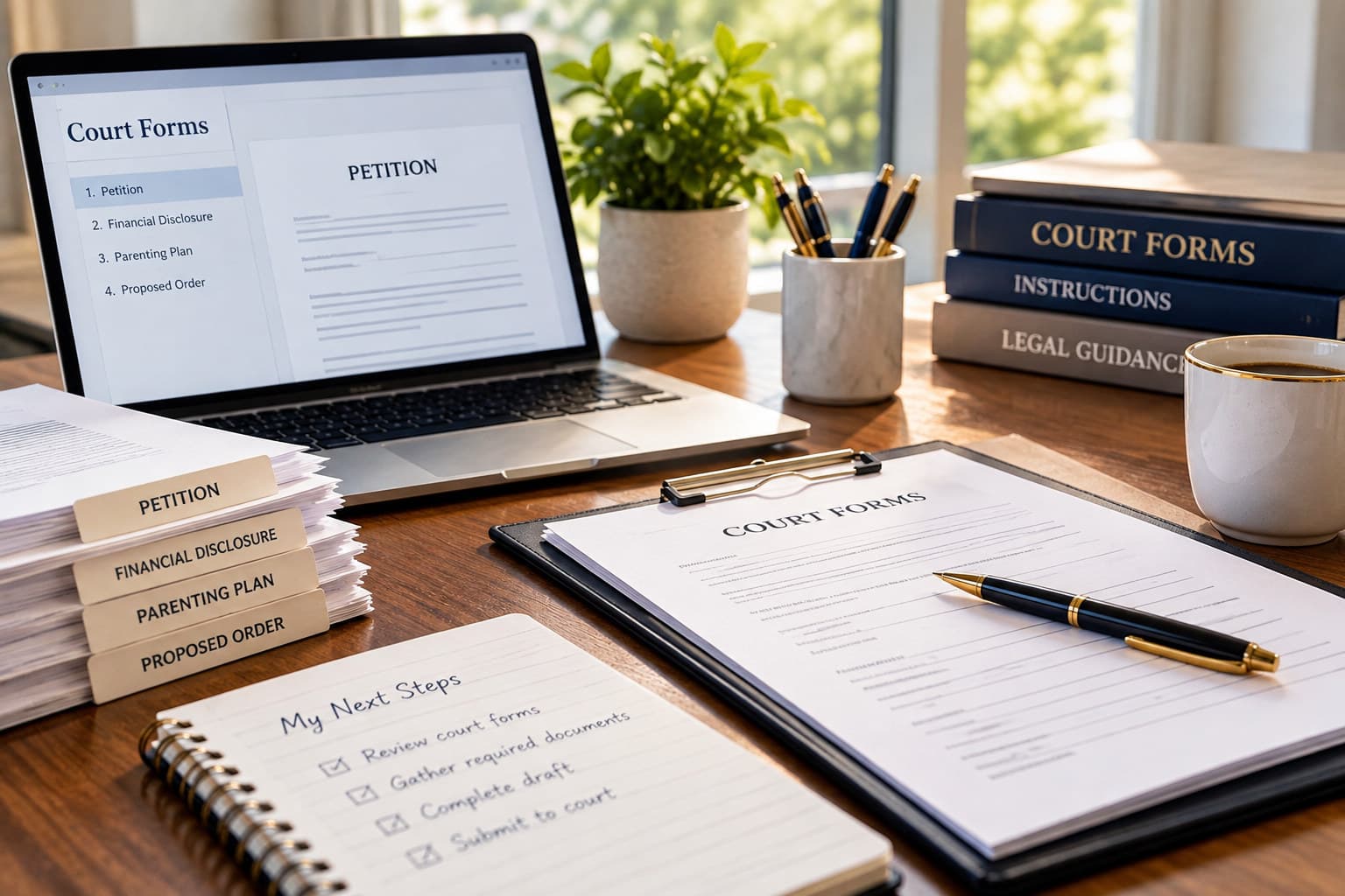 A laptop showing a court forms checklist beside labelled document tabs for petition, financial disclosure, parenting plan, and proposed order, with a handwritten next-steps list.