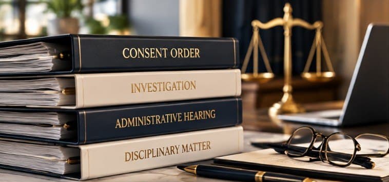 A stack of bound legal volumes labeled Consent Order, Investigation, Administrative Hearing and Disciplinary Matter, beside brass scales of justice, reading glasses and a pen on a desk.