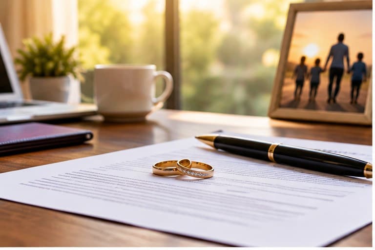 Two gold wedding rings resting on a printed legal document beside a pen, with a framed family photograph in the background.